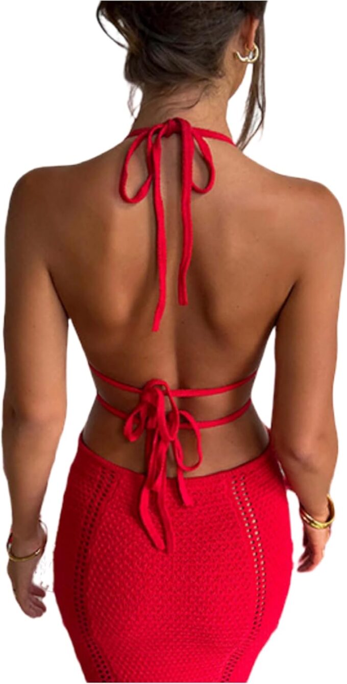 Women's Sexy Halter Hollow Out Knitted Mini Dress Sleeveless Backless Lace Up Bodycon Summer Beach Dress – Bild 4