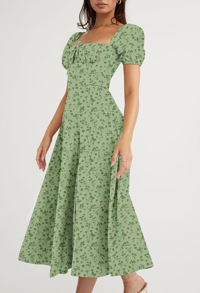 Linsery Women's Puff Sleeve Floral Maxi Dress Elegant Square Neck Cottagecore Boho Split Long Dresses – Bild 7