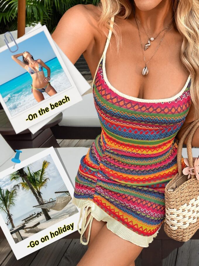Boho Crochet Striped Swimsuit Coverup, Square Neck Low-Back Bodycon, Drawstring Ruffle Mini Dresses for Women – Bild 7