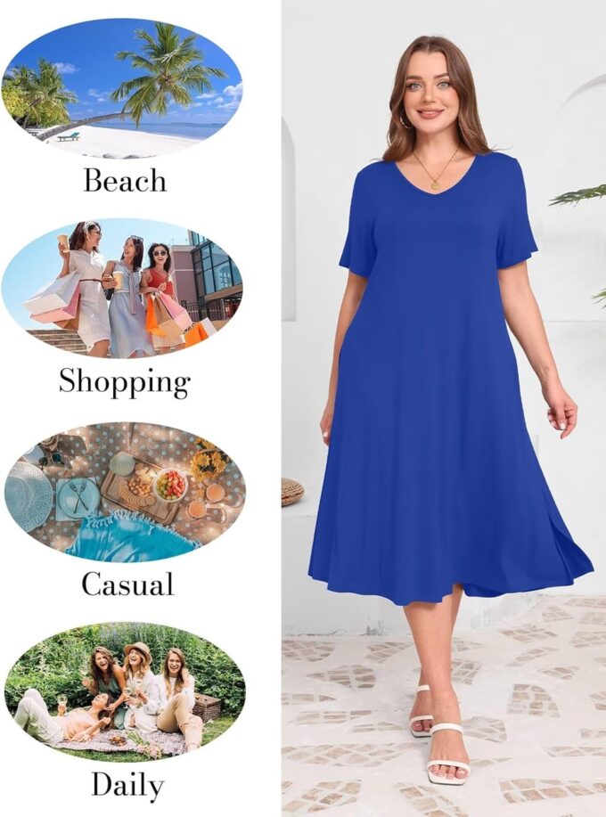 BELAROI Women Plus Size Dresses Summer Casual Loose Midi Tshirt Dress V Neck Short Sleeve Sundress Beach Cover Ups Pockets – Bild 6