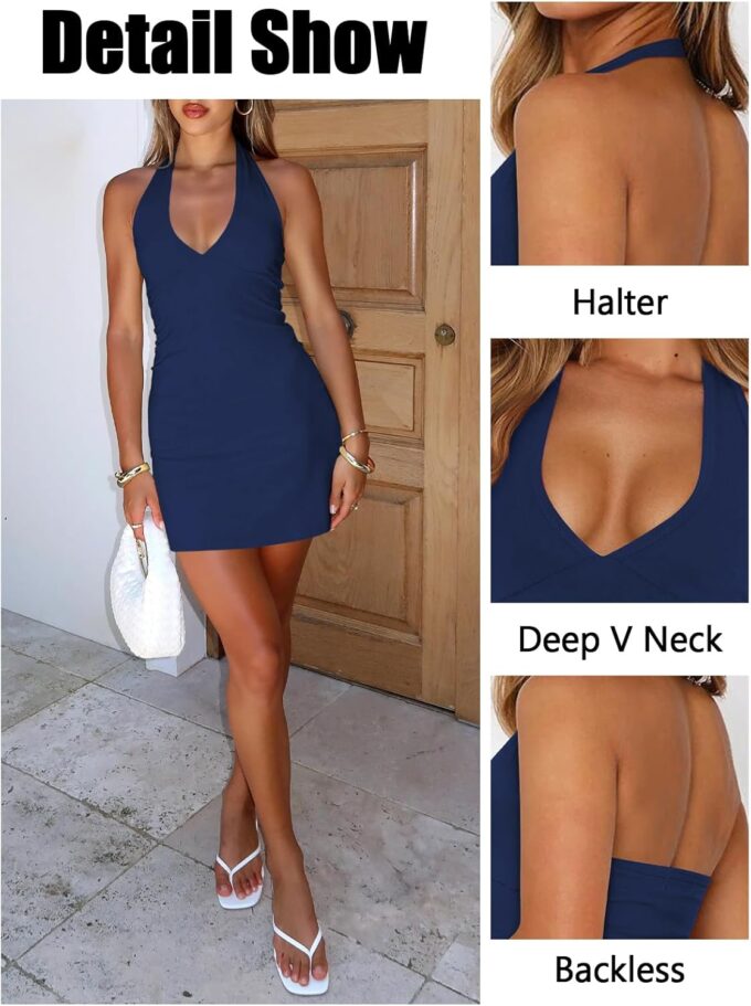 Women's Sexy Halter V Neck Mini Dress for Women Summer Slim Fit Going Out Club Party Bodycon Short Dresses – Bild 4
