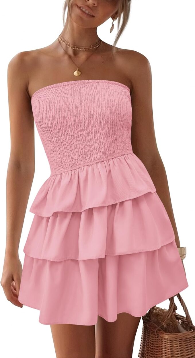 BTFBM Summer Dresses for Women Beach Dresses Strapless Boho Sundress Solid Color Tube Mini Dresses Party Dresses