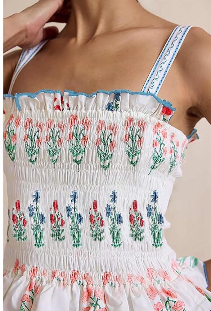 Women Summer Smocked Flowy Dress Spaghetti Strap Square Neck Floral Dress Ruffle Patchwork Boho A Line Midi Sun Dress – Bild 2