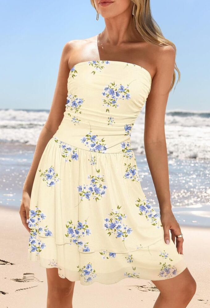 MEROKEETY Women's Summer Floral Strapless Tube Dress Boho Off Shoulder Ruffle Tiered Mini Sundress – Bild 6