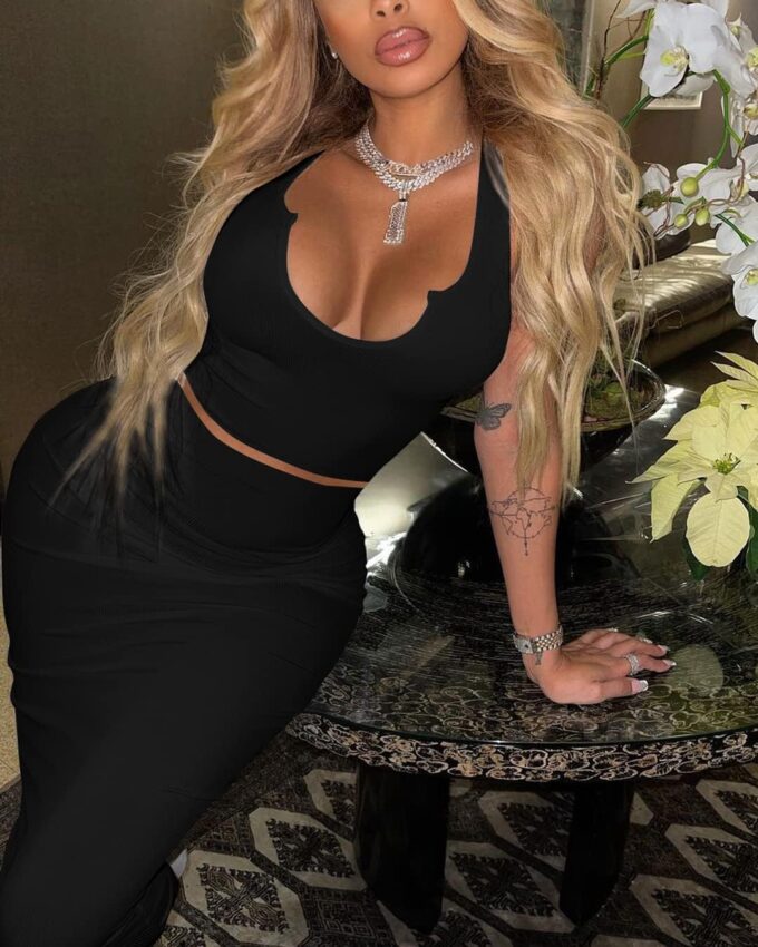 Women Sexy Two Piece Skirt Outfits Long Sleeve/Sleeveless V Neck Bodycon Ribbed Knitted Maxi Club Party Dress – Bild 2