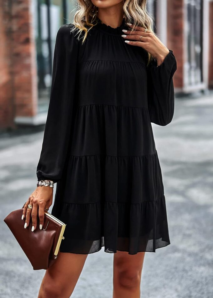 KIRUNDO Long Sleeve Baby Doll Dresses Women 2025 Casual Summer Fall Ruffle Mock Neck Tiered Mini Flowy Swing Shift Dress – Bild 3