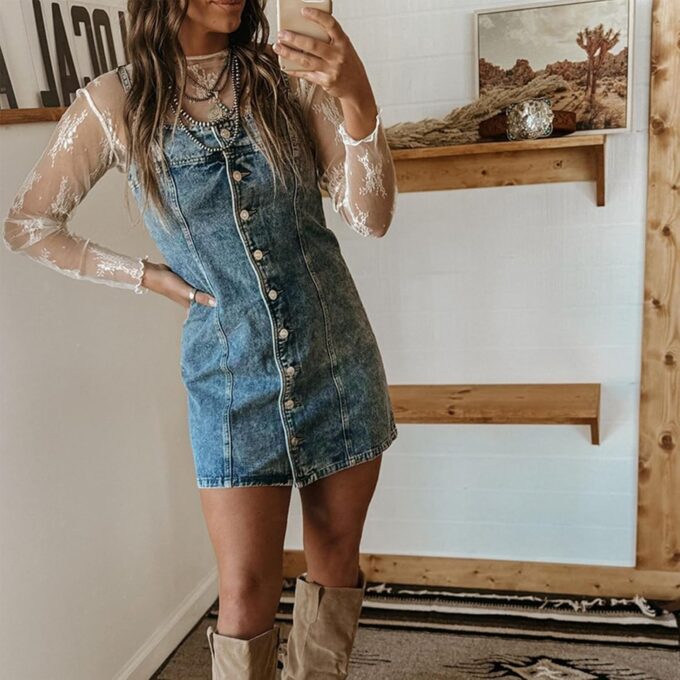 cffvdiz Women's Sleeveless Halter Short Denim Dress Slim Button Down Bodycon Jean Dresses – Bild 2