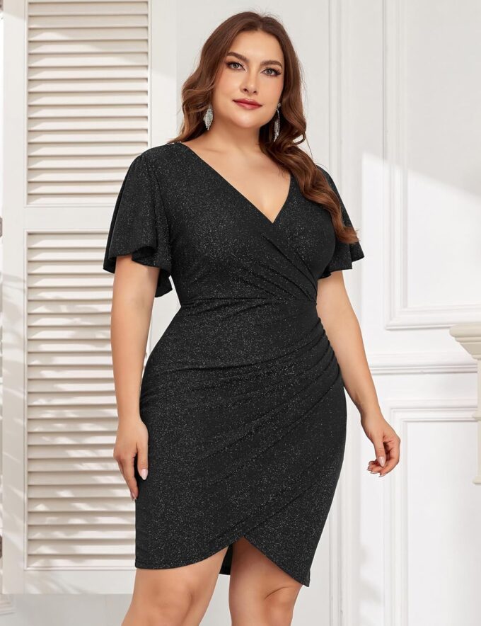ZOMVA Plus Size 0X-4X Sparkly Glitter Ruched Bodycon Mini Dress Sparkle Sequin Wrap Ruffle Sleeve Dress Cocktail Party Formal – Bild 5