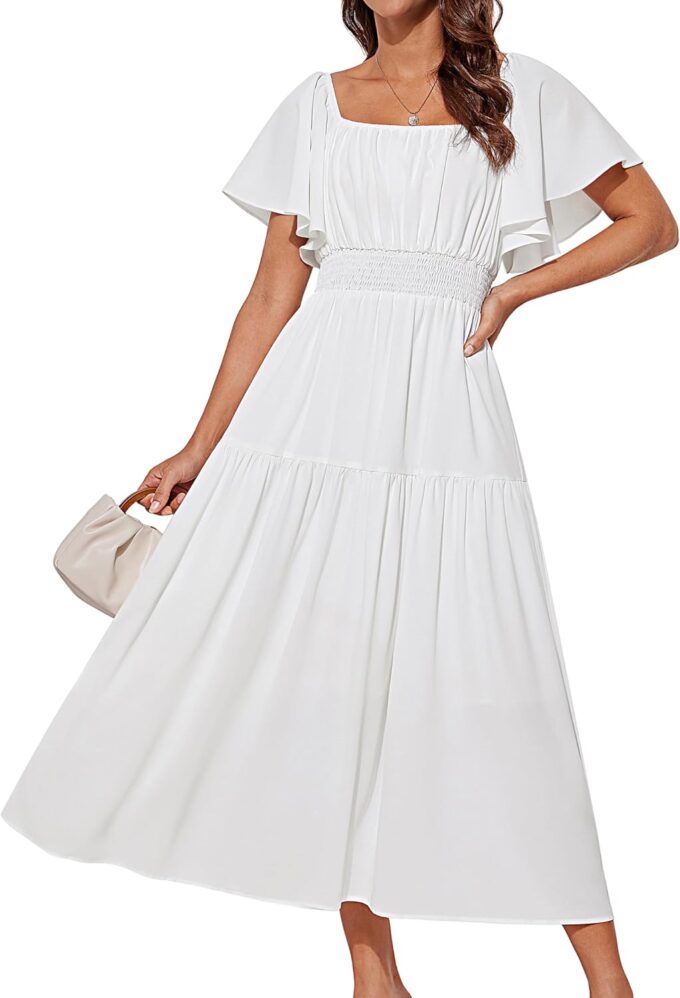 GRACE KARIN Women's Summer Short Sleeve Square Neck Smocked Waist Casual Vacation Tiered Flowy Maxi Dress