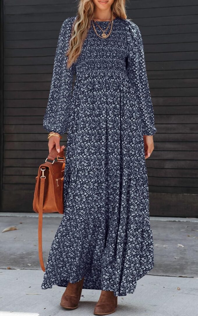 PRETTYGARDEN Women's Spring Dresses 2025 Long Sleeve Flowy Casual Floral Maxi Dress Crew Neck Smocked Tiered Long Dress – Bild 4