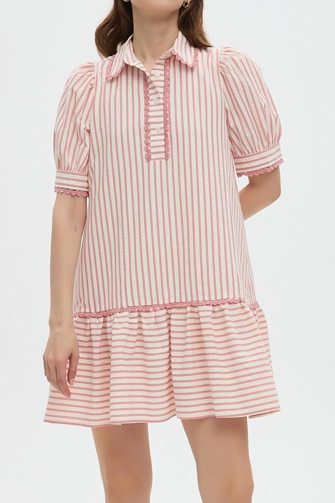 Striped Dress for Women Collared Short Puff Sleeve Ruffle Hem Summer Tunic Flowy Shirt Mini Dress – Bild 6
