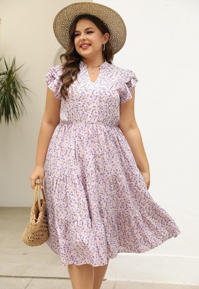 Keluummi Plus Size Wedding Guest Midi Dresses for Curvy Women, Summer Casual Floral Short Sleeve A Line Sundress with Pockets – Bild 4