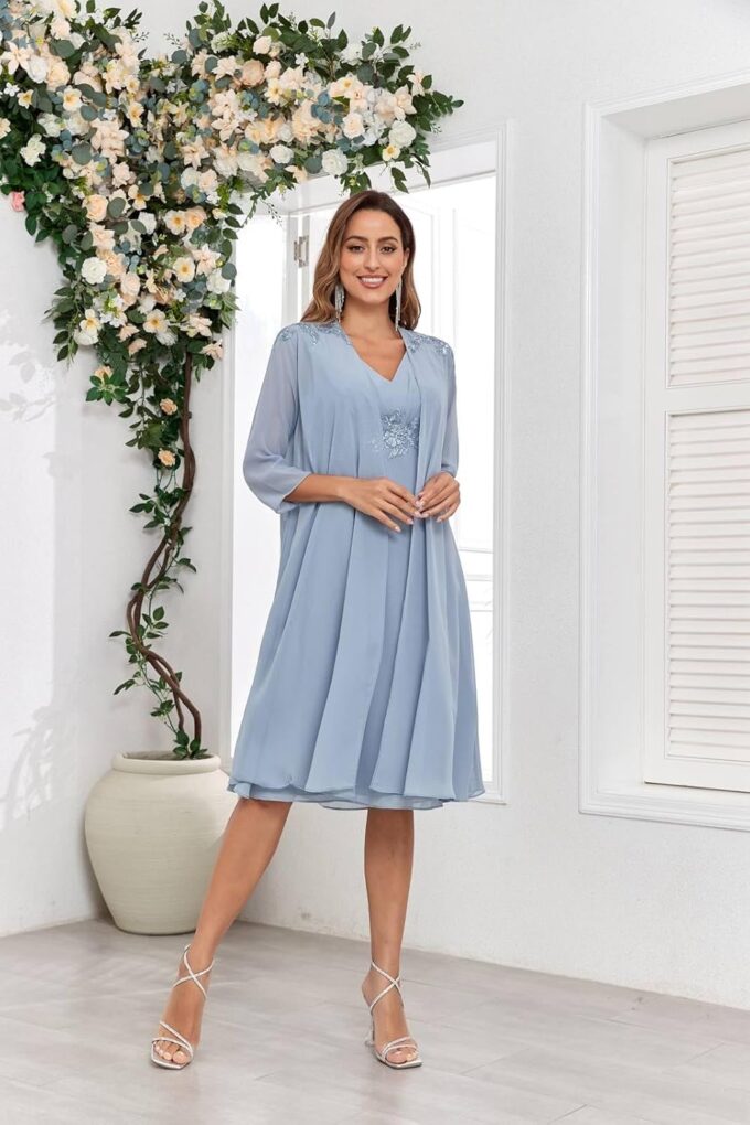 BONOYUER 2 Piece Mother of The Bride Dresses for Wedding with Jacket Lace Applique Formal Wedding Guest Dress – Bild 2