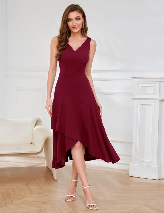 Aupuls Womens Midi Formal Dress High Low Ruffle V Neck Cocktail Party Wedding Guest Dresses – Bild 2
