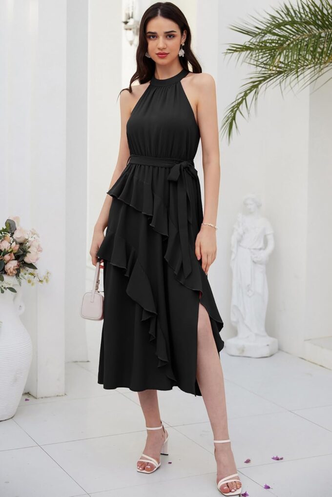 GRACE KARIN Women's 2024 Summer Sleeveless Halter Neck Ruffle Hem Split Flowy Swing Long Midi Dress with Belt – Bild 2