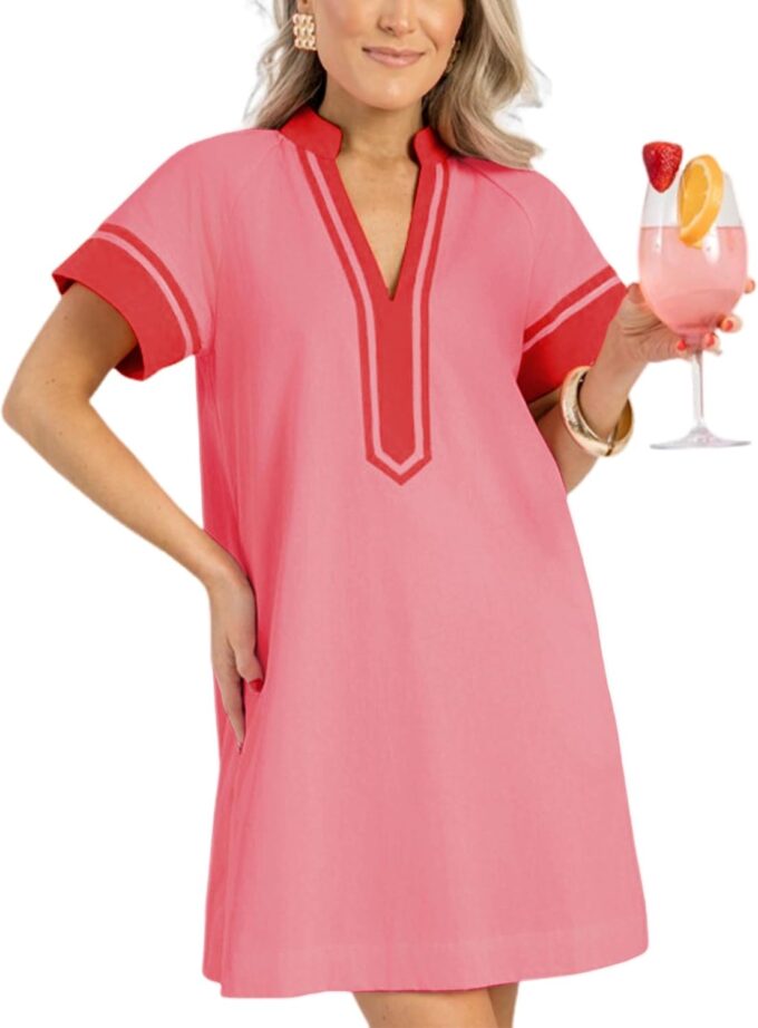 QIBABU Linen Dress for Women V Neck Color Block Summer Short Sleeve A-Line Mini Dress with Pockets