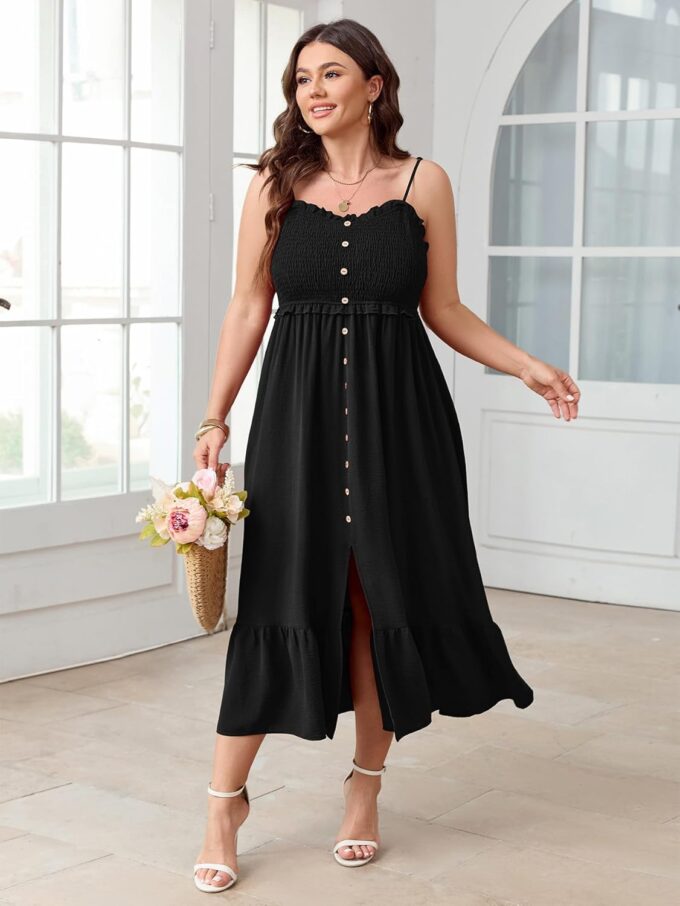 SCOMCHIC Womens Plus Size Summer Dresses Sleeveless Spaghetti Strap Button Down Smocked Beach Long Maxi Dress with Slit – Bild 3