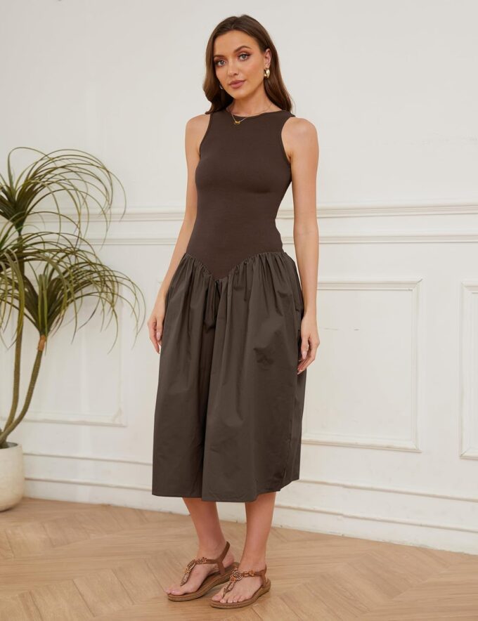 Livtany Women's Sleeveless Slim Fit Midi Dress Drop-Waist Crew Neck Patchwork Dress Ribbed a-Line Summer Dress with Pocket – Bild 2