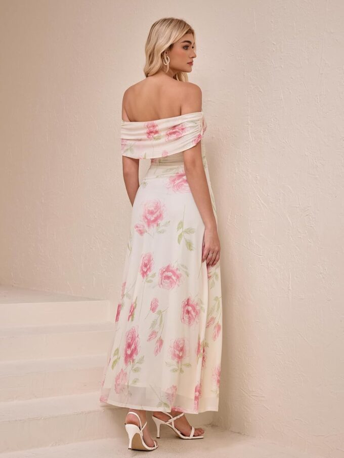 KUTUMAI Women Floral Off Shoulder Maxi Dress Summer Ruched Bodycon Long Formal Wedding Guest Dresses 2025 – Bild 3