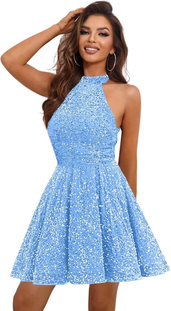 Sequin Homecoming Dresses for Teens 2025 Halter-Neck A-line Sparkly Short Prom Evening Formal Party Ball Gowns