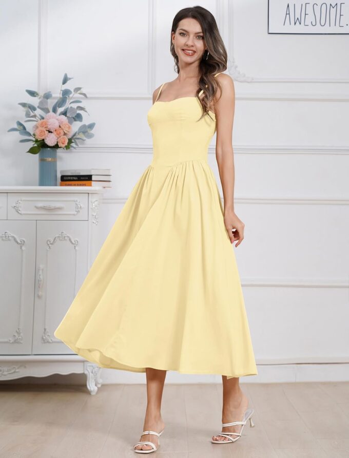 Women Floral Corset Dress Boho Spaghetti Strap Lace Up Casual Midi Dresses with Pockets Low Cut Flowy Bustier Sundress – Bild 3