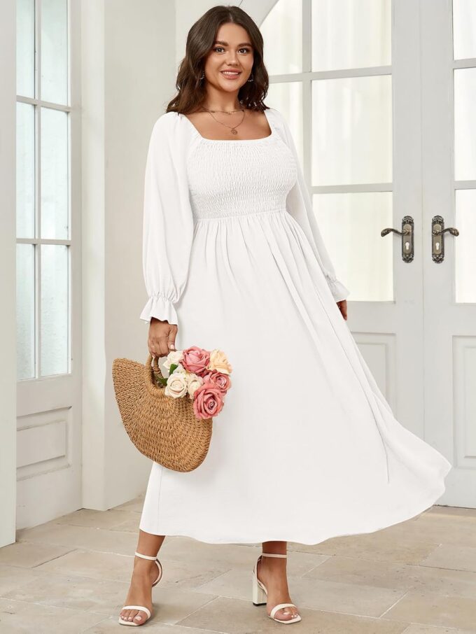 Women's Plus Size Maxi Dress Long Sleeve Square Neck Smocked Flowy A-Line Boho Wedding Party Maxi Dress – Bild 7