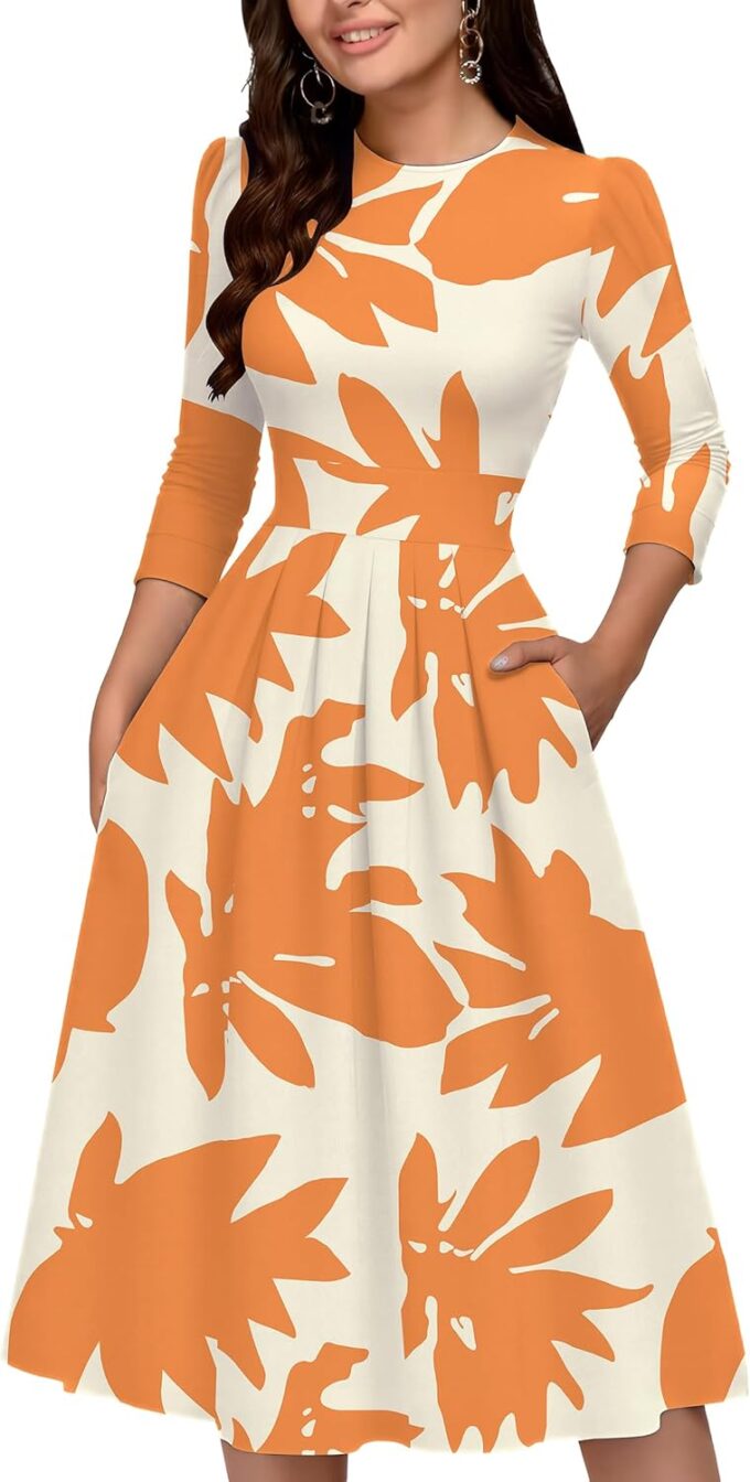 Runwind Vintage Dress for Women 3/4 Sleeve A-Line Church Dress Floral Wedding Guest Cocktail Dresses with Pockets