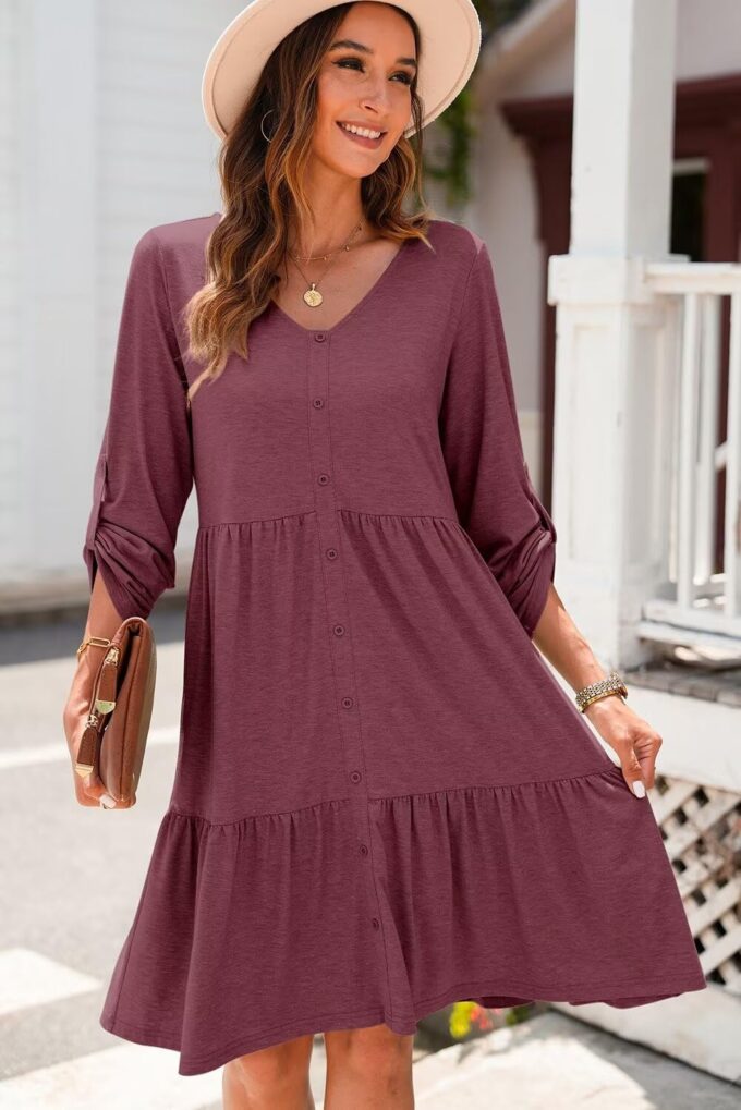 Dokotoo Dresses for Women 2025 Long Sleeve V Neck Knitted Button Down Elastic Waist Ruffle Tiered Mini Dress with Pockets – Bild 4