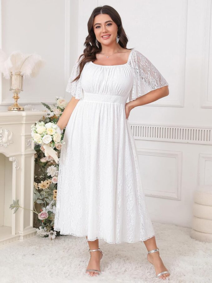 Women's Plus Size Wedding Guest Dress Lace Square Neck Short Sleeve Flowy A Line Formal Maxi Dresses – Bild 2