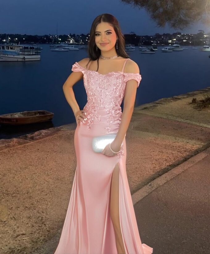 Mermaid Satin Prom Dresses 2025 Lace Applique Off Shoulder Formal Evening Gown with Slit – Bild 5