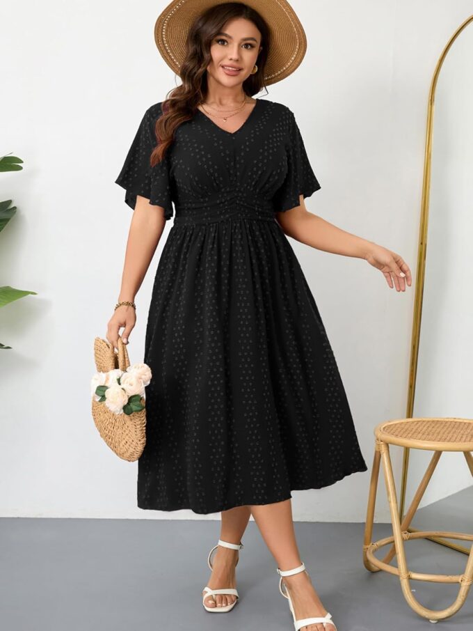 RWJ Women's Plus Size Maxi Dress V Neck Short Sleeve Swiss Dot A Line High Waist Flowy Casual Summer Dresses 2025 – Bild 6