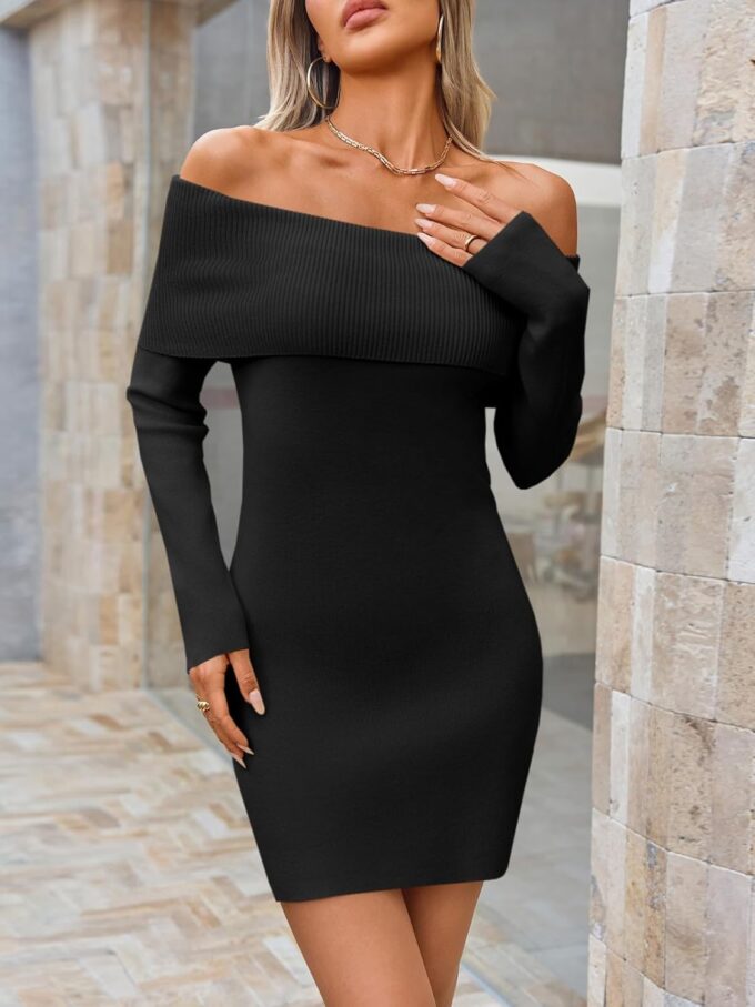 Wenrine Womens Off The Shoulder Sweater Dress Casual Ribbed Knit Long Sleeve Bodycon 2025 Fall Party Mini Dresses – Bild 3