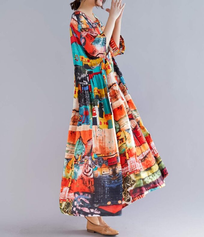 ellazhu Women's Plus Size Boho Maxi Dress with Half Sleeves Scoop Neck Bohemian Print for Summer Beachwear GA1396 A – Bild 3