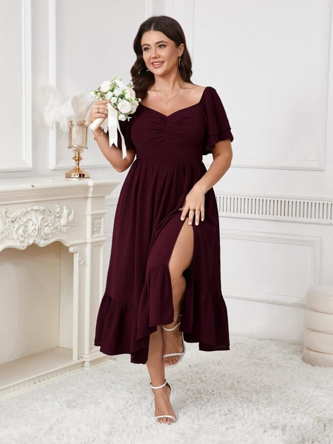 SCOMCHIC Womens Plus Size Wedding Guest Cocktail Dresses Sweetheart Neckline Short Sleeve Smocked Ruffle Slit Maxi Dress – Bild 4