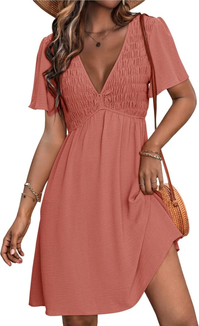 Simplee Womens Summer Casual V Neck Dress Sexy Short Sleeve Mini Sundress Boho Western Empire Waist Pocket Dresses 2025