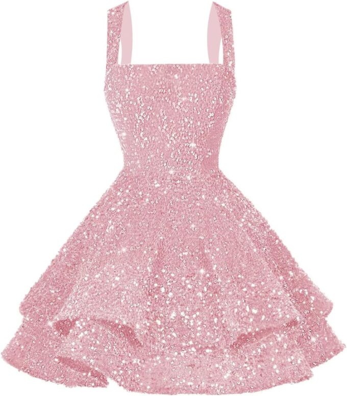 Women's Short Scoop Neck Sequin Homecoming Dresses Sparkly Sweet 16 Photo Tiered Short Cocktail Party Gown DE237