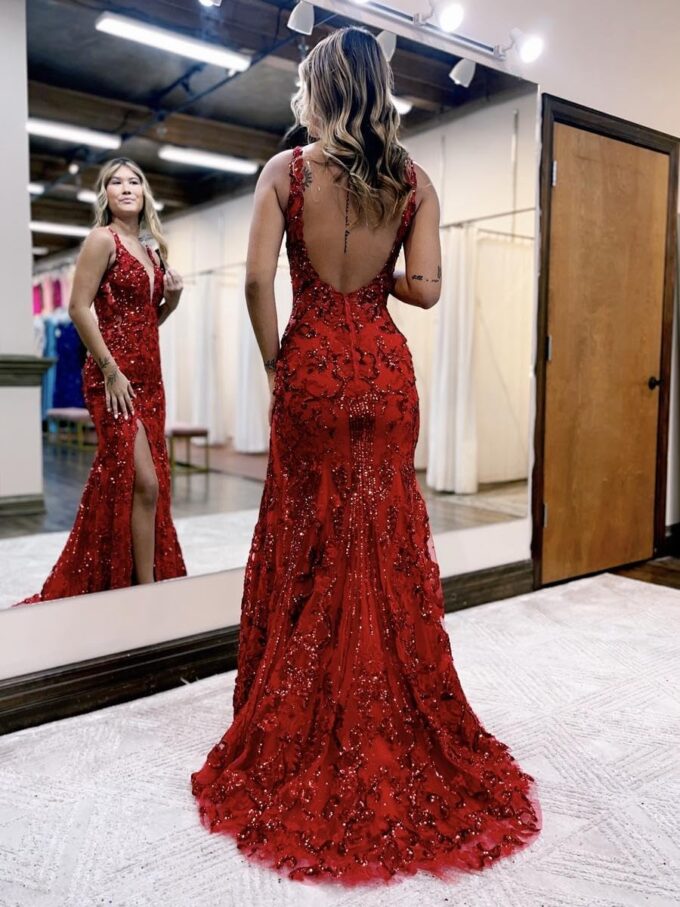 GUKARLEED Women's Sequin Prom Dresses with Slit Sparkly Lace Appliques V Neck Formal Dress Long Mermaid Wedding Guest Dress – Bild 3