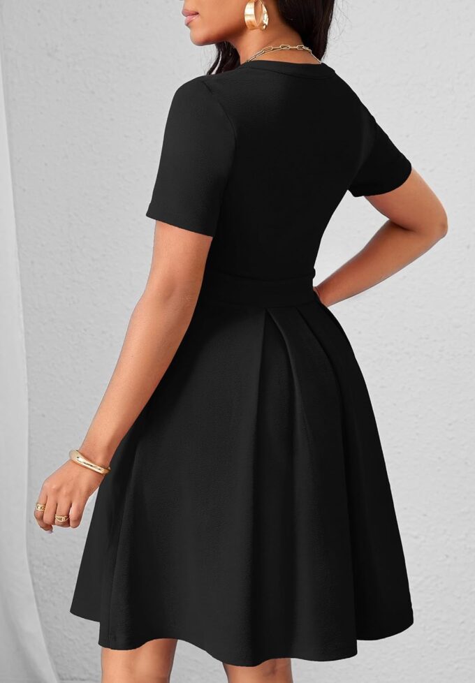 MarryUP Damen-Kleid, kurzärmelig, V-Ausschnitt, lässig, semi-formell, A-Linie, Arbeitskleid, Hochzeitsgäste, Cocktailkleider mit Taschen – Bild 2