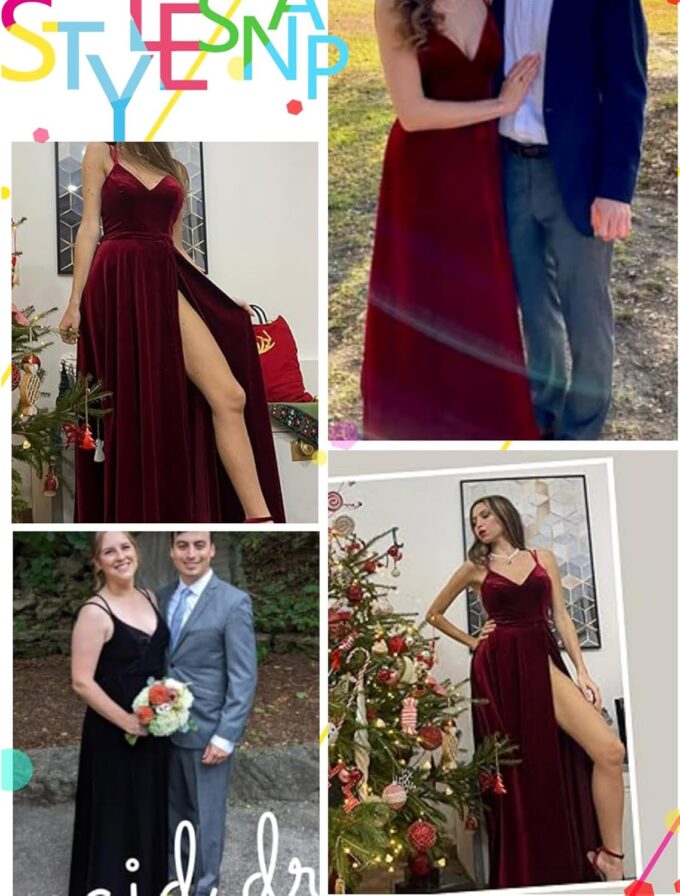 Women's Velvet Prom Dresses Long with Pockets Spaghetti Straps V Neck Slit Evening Party Ball Gowns – Bild 5