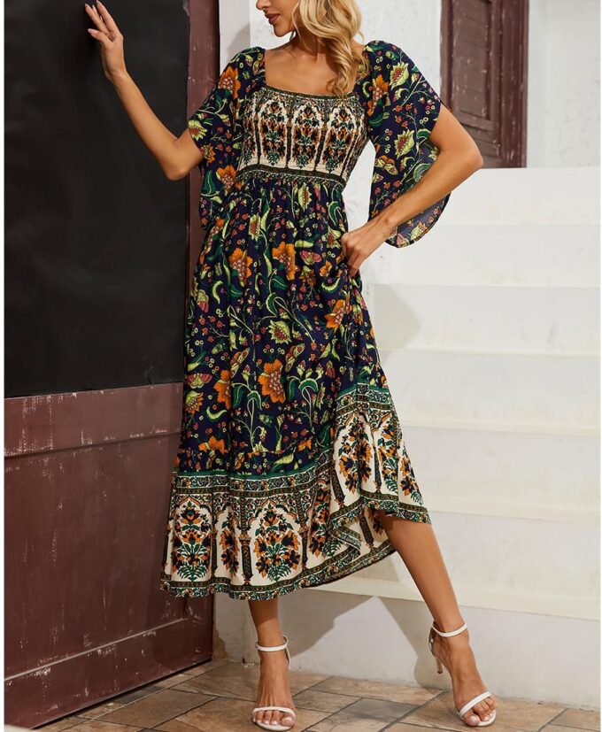 Women's Long Maxi Dress Sexy Off Shoulder Floral Dress Ruffle Short Sleeve Smocked Flowy A Line Boho Dress – Bild 2