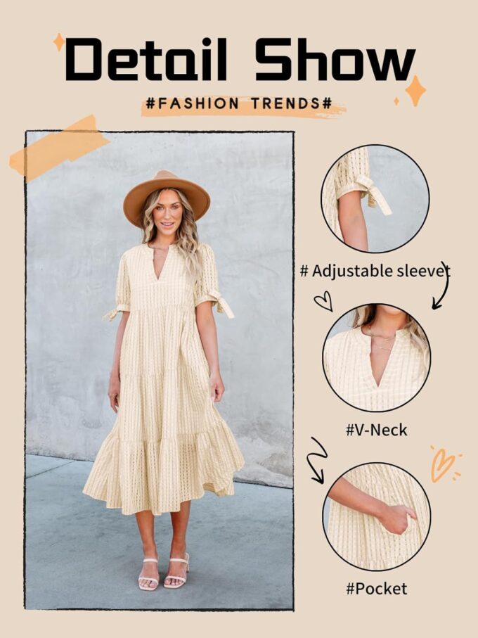 Theenkoln Womens Casual Midi Dress: Short Sleeve V-Neck Empire Waist Gingham Spring Fashion Long Trendy Tiered Formal Dresses – Bild 2