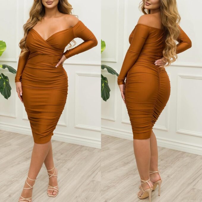 Ekaliy Women's Sexy Black Off The Shoulder Midi Dress Long Sleeve Ruched Bodycon Dresses – Bild 6