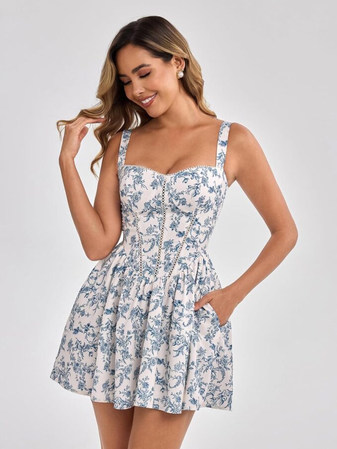 KUTUMAI Floral Corset Mini Dress Summer Flowy A Line Smocked Short Dresses for Women 2025 Sundress with Pockets – Bild 2