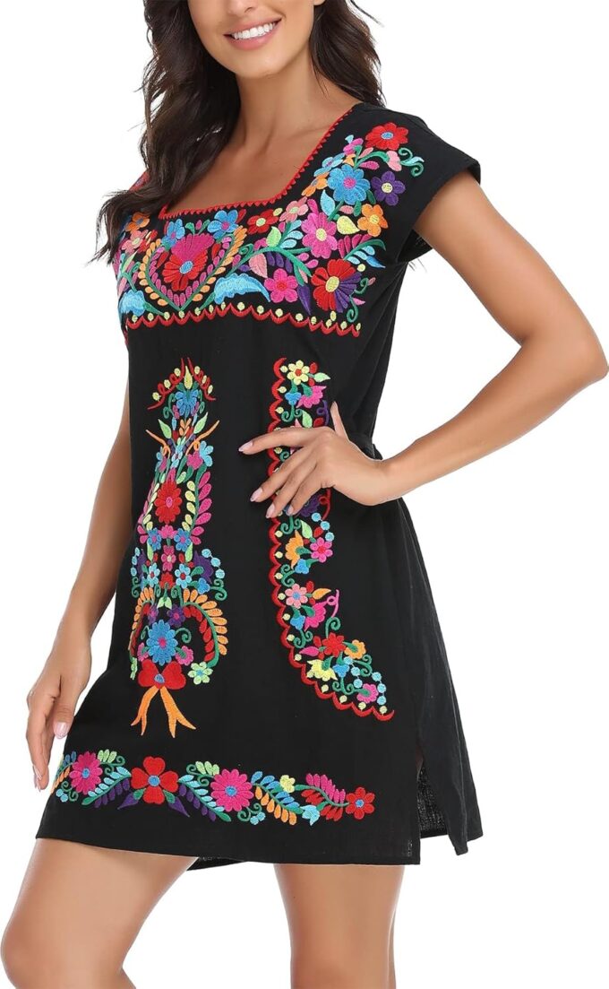 YZXDORWJ Women Mexican Embroidered Dress Ruffle Collar Sleeveless – Bild 6