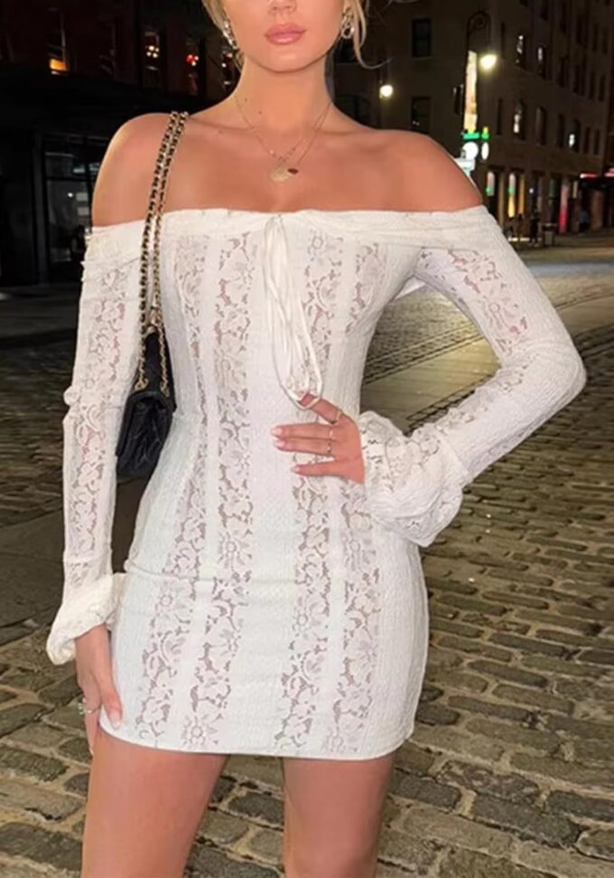 Women Elegant Off Shoulder Lace Bodycon Maxi Dress Bell Sleeve Mesh Sheer Mermaid Wedding Party Dress – Bild 3