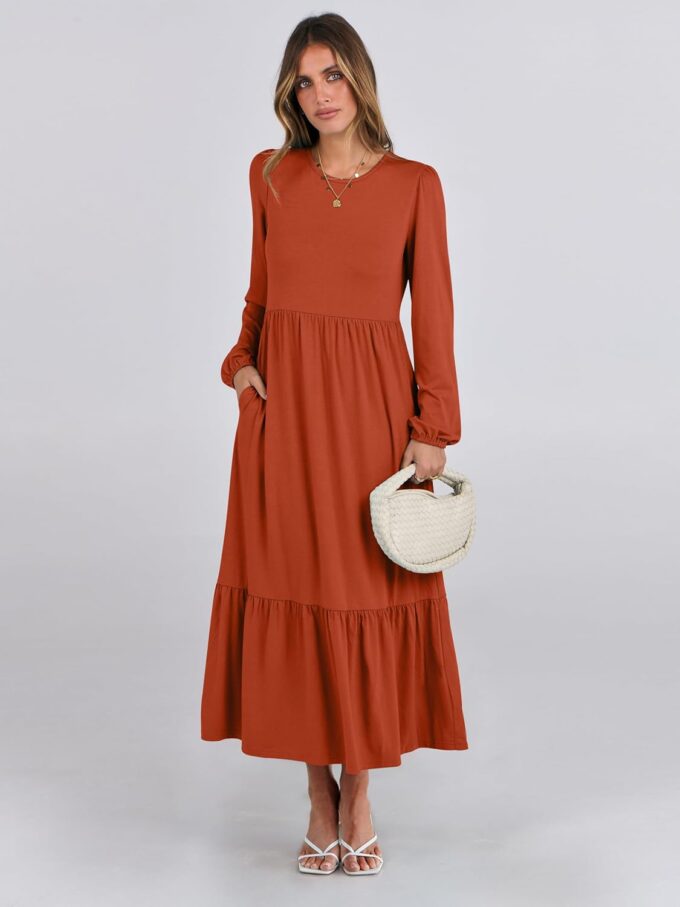 ANRABESS Women's Casual Long Sleeve Midi Dress 2025 Fall Crewneck A Line Tiered Flowy Loose Trendy Dresses with Pockets – Bild 2