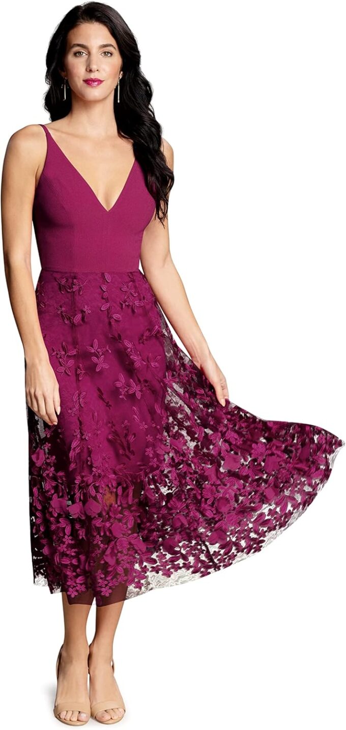 Dress the Population Women's Darleen Sleeveless Plunging Neckline Fit and Flare Midi Dress