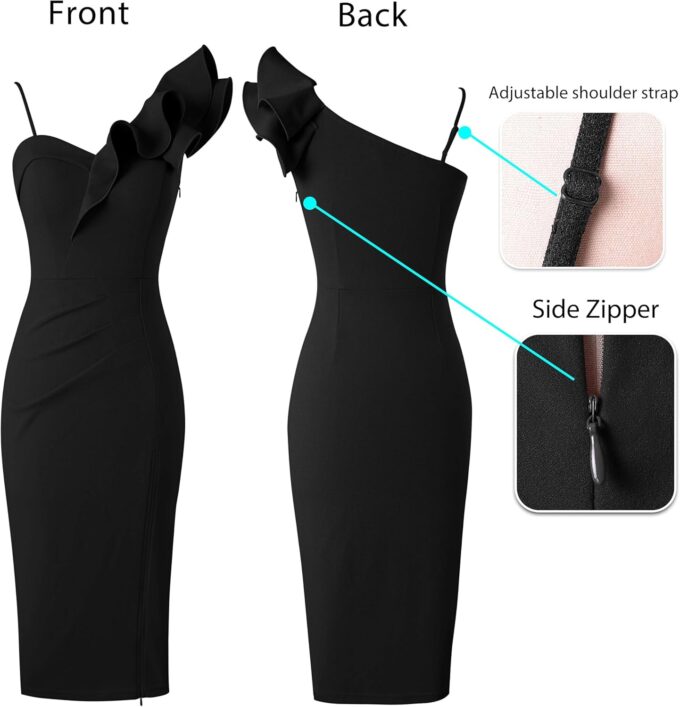 VFSHOW Women Ruffle One Shoulder Strap Ruched Cocktail High Slit Bodycon Dress Sexy Sweetheart Neck Short Wedding Guest Dress – Bild 4