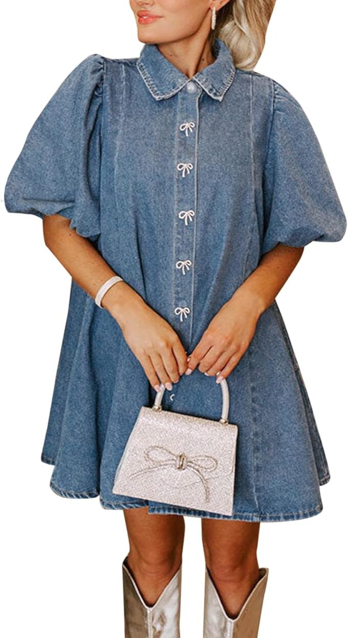 LifeShe Women's Blue Denim Babydoll Mini Dress with Puff Sleeves, Lapel Collar & Diamond Bow Decor