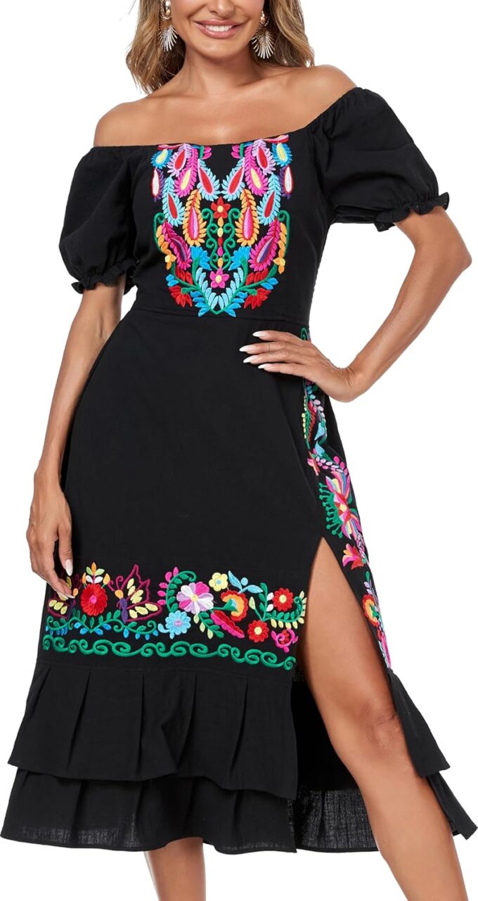 YZXDORWJ Women's Mexican Dress Boho Embroidered Sexy Ruffle Maxi Dress Short Sleeve Summer Beach Swing Wedding Party Dresses – Bild 3